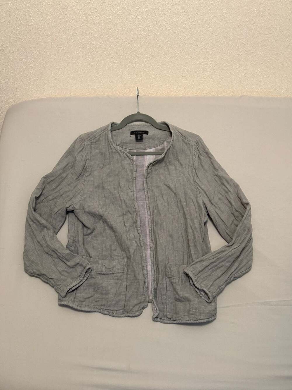 Tahari Grey Linen Blend Open Front Collarless Jacket Size L
